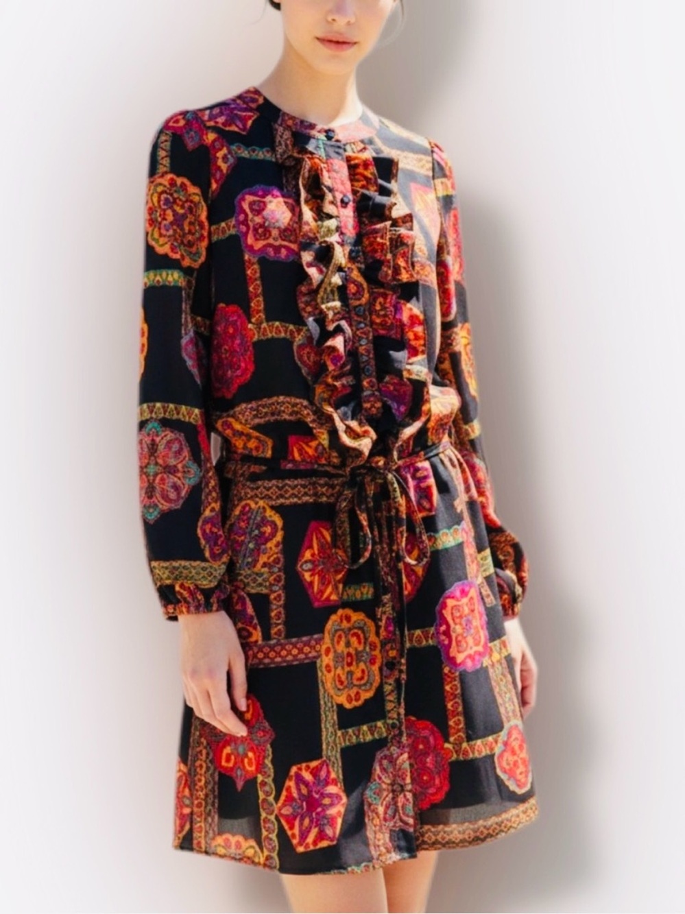 Phoebe Couture Black Long Sleeve Paisley Medallion Dress with Multicolor Accents